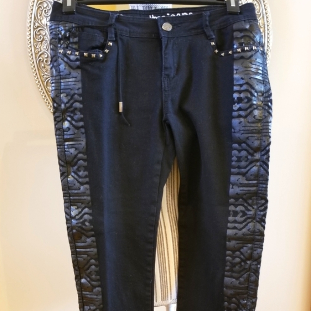Custo Barcelona Black Embossed Jeans with Silver Gray Metallic Leg Stripe.